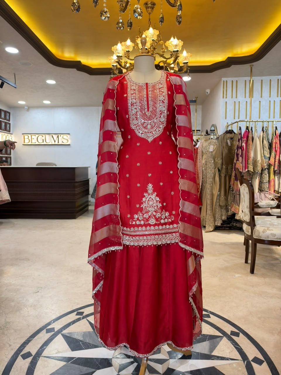 Red Satin Silk Embroidered Sharara Set