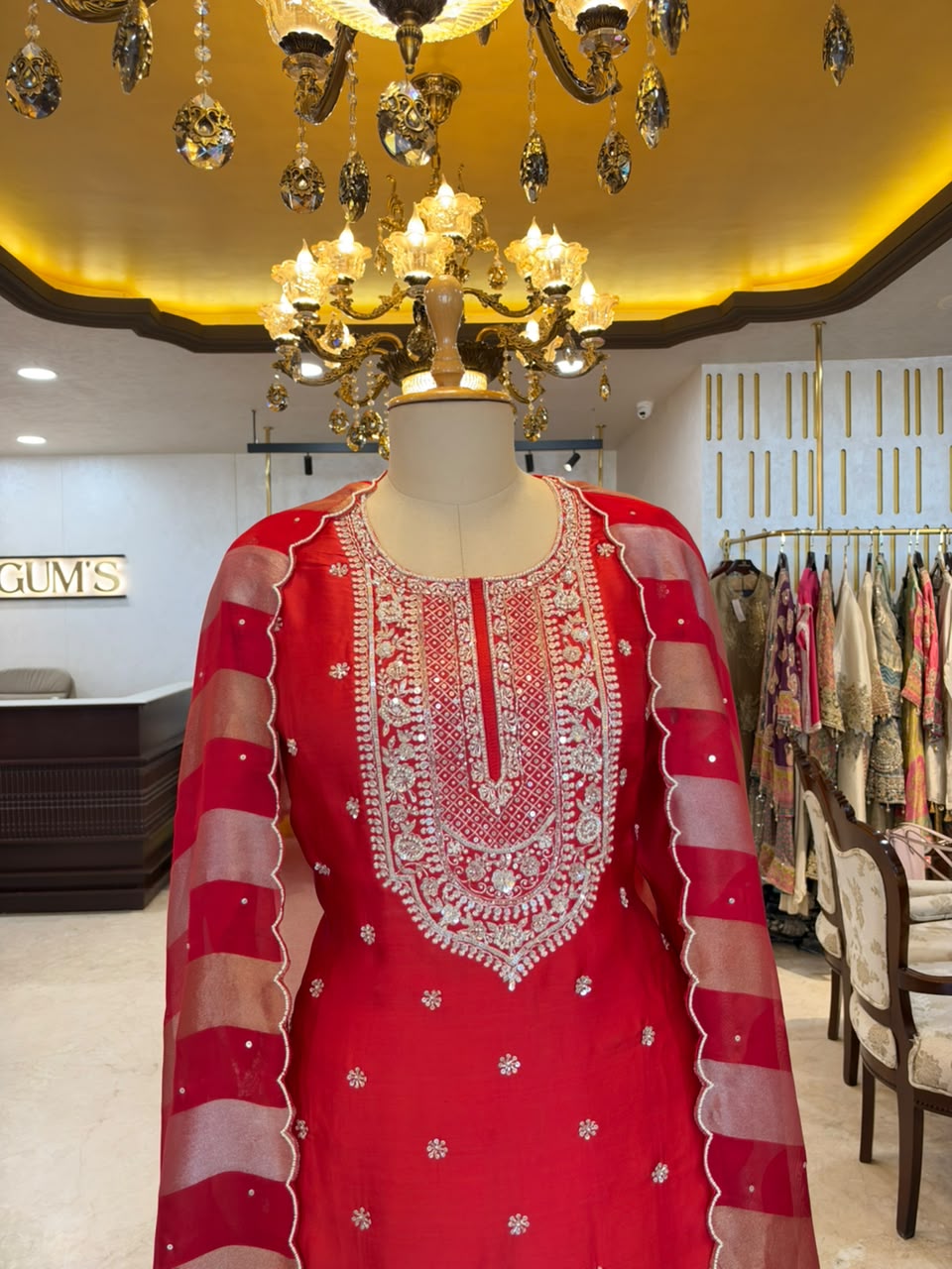 Red Satin Silk Embroidered Sharara Set