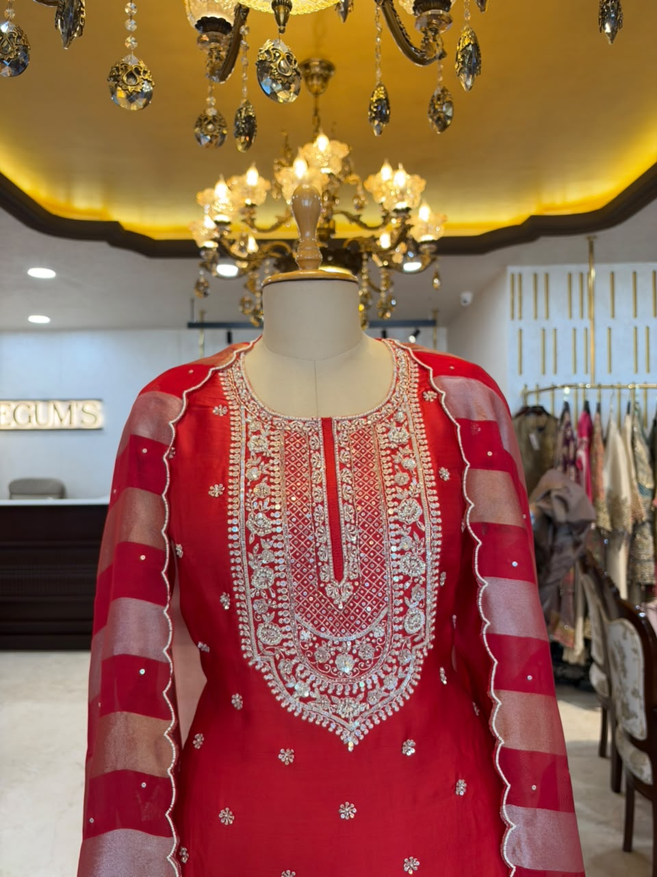 Red Satin Silk Embroidered Sharara Set