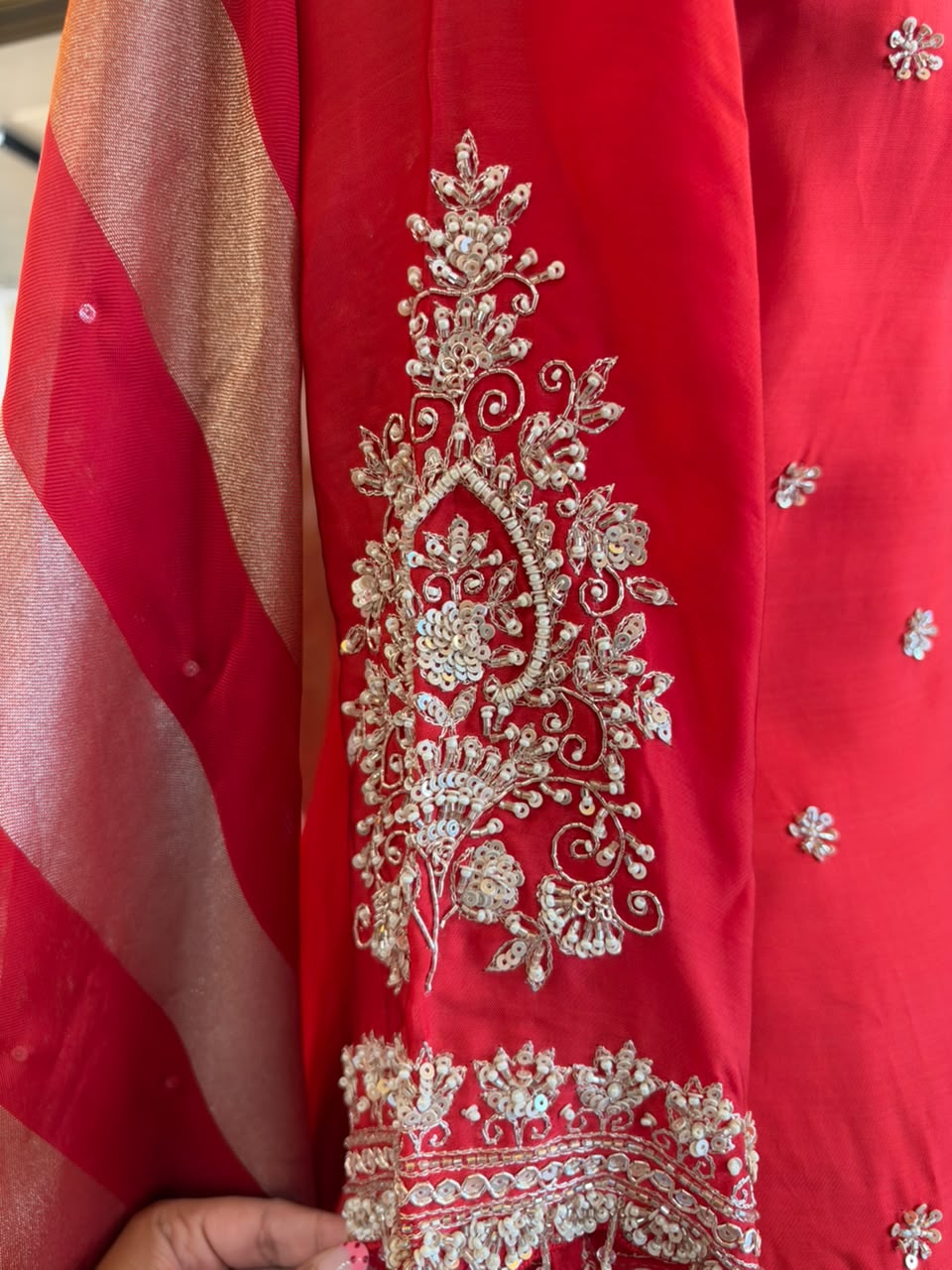 Red Satin Silk Embroidered Sharara Set