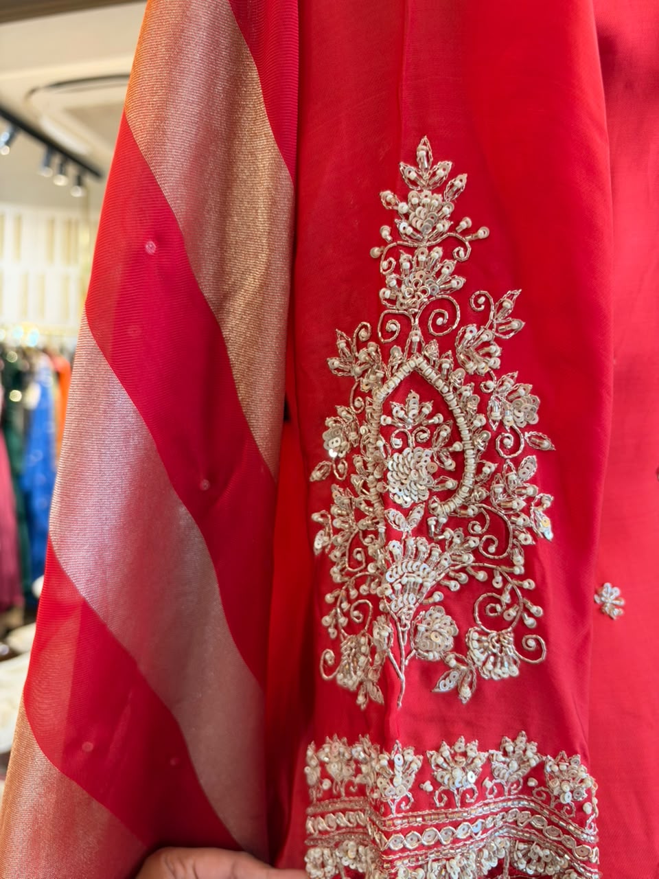 Red Satin Silk Embroidered Sharara Set