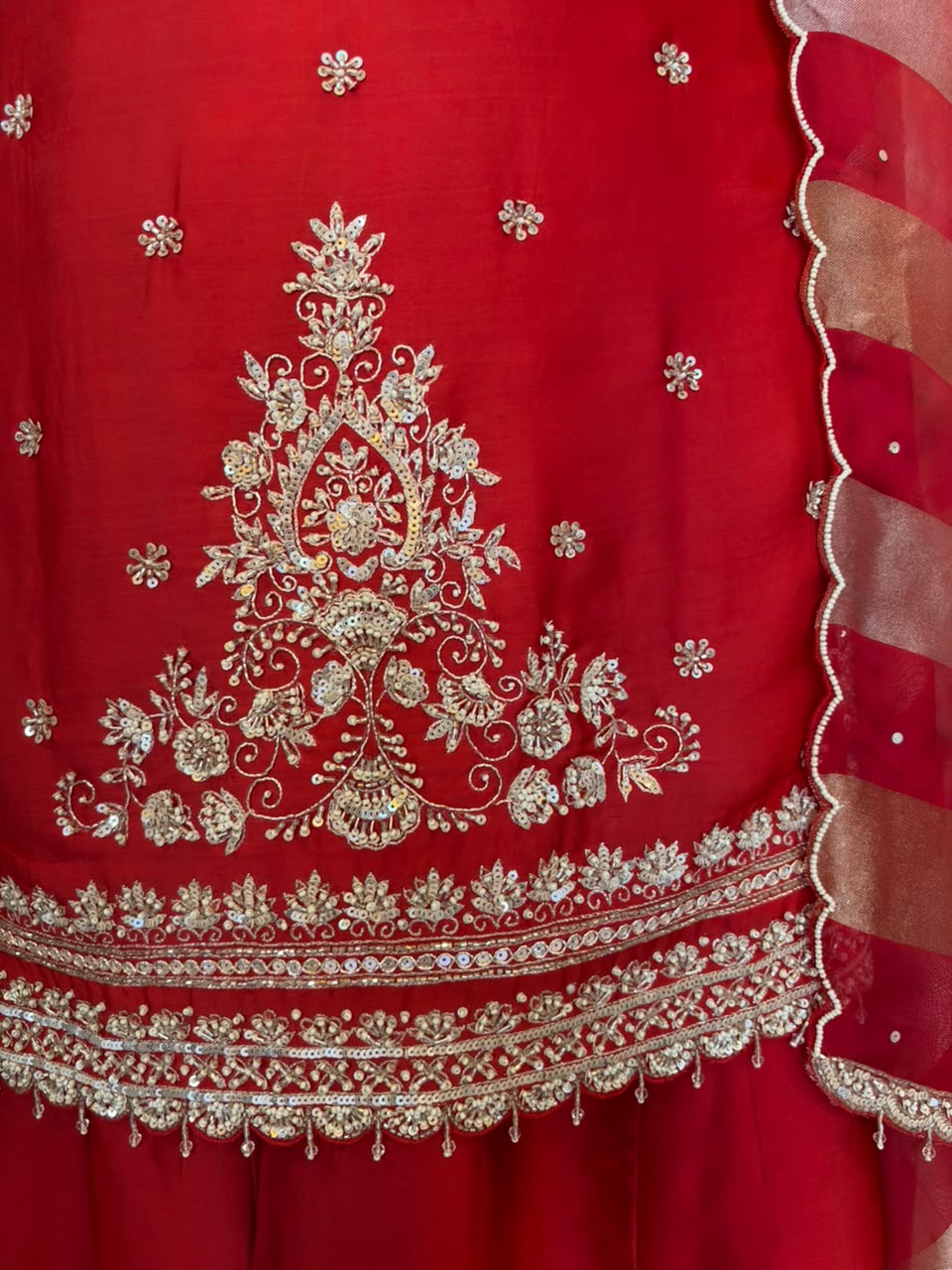 Red Satin Silk Embroidered Sharara Set
