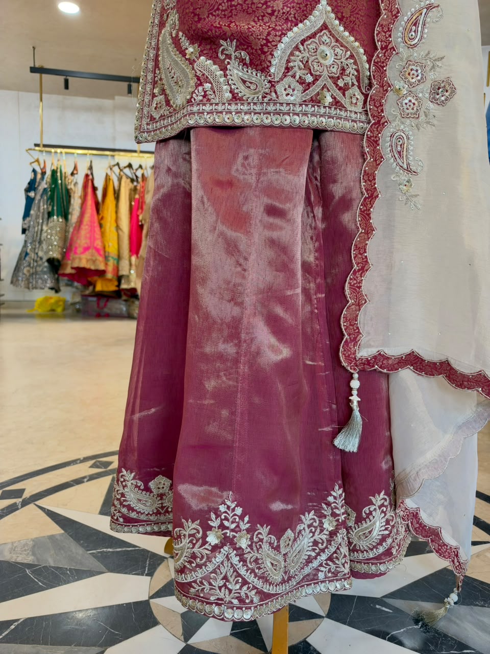 Wine Tissue Silk Embroidered Sharara Set