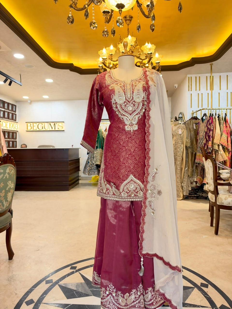 Wine Tissue Silk Embroidered Sharara Set