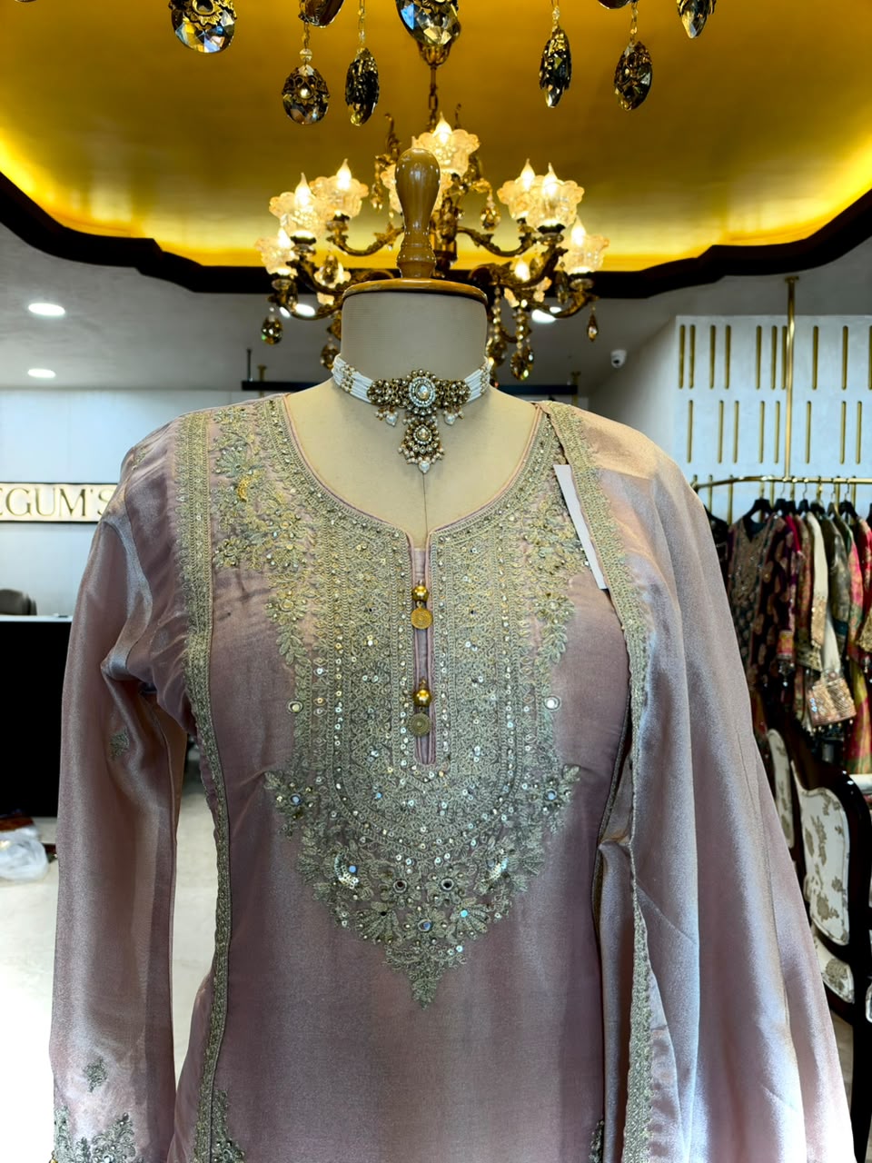 Elegant ensemble is crafted in a soft Blush Pink Tissue Silk