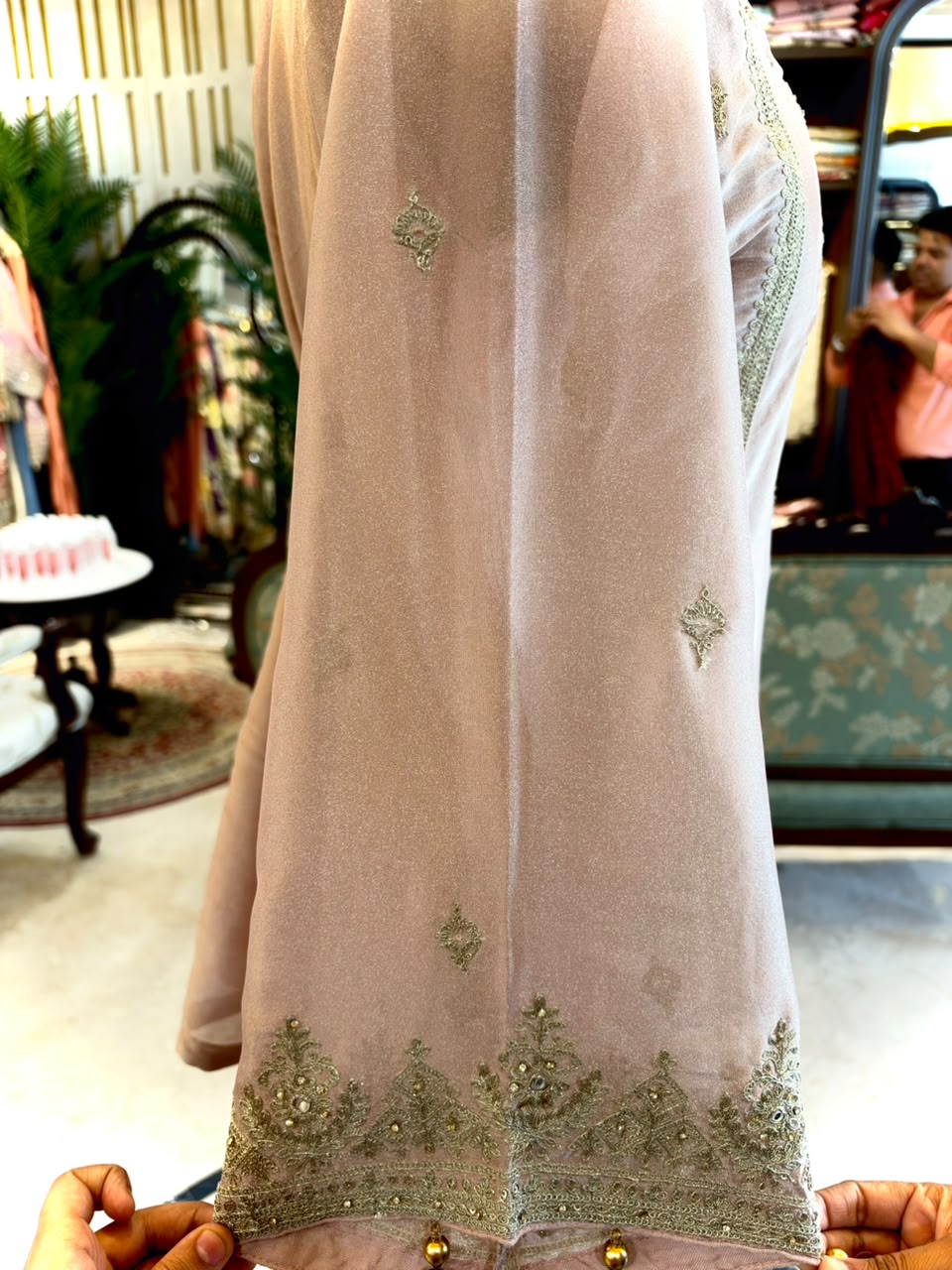 Elegant ensemble is crafted in a soft Blush Pink Tissue Silk