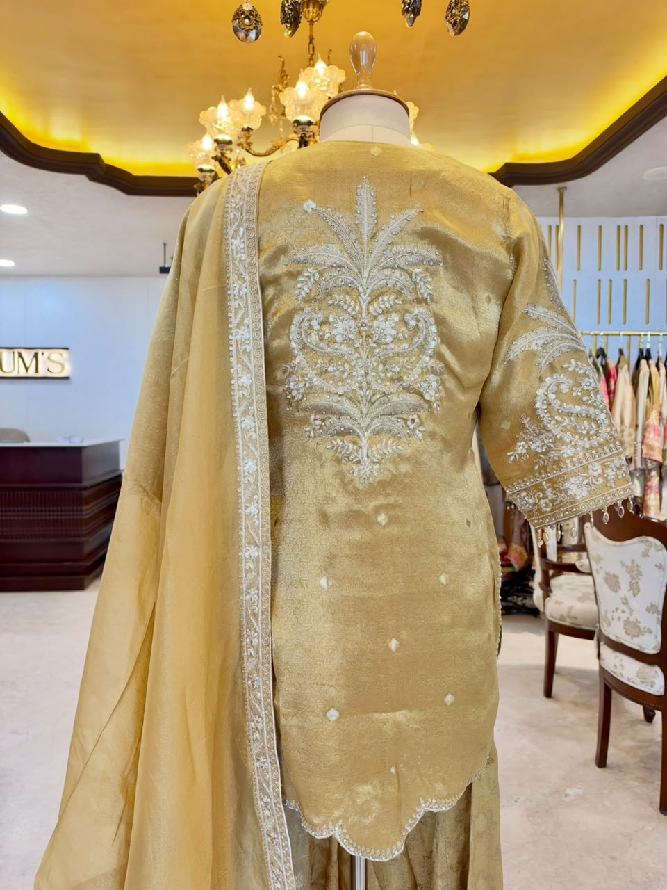 Champagne Gold Tissue Silk Embroidered Sharara Set