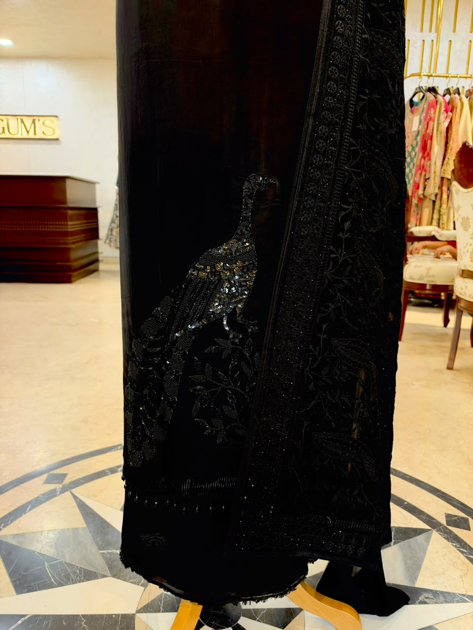 Jet Black Satin Organza Embroidered Kurta Set
