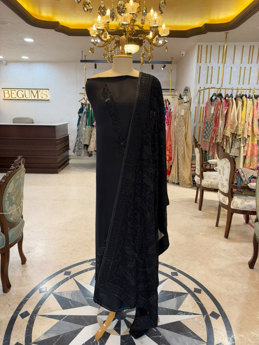 Jet Black Satin Organza Embroidered Kurta Set