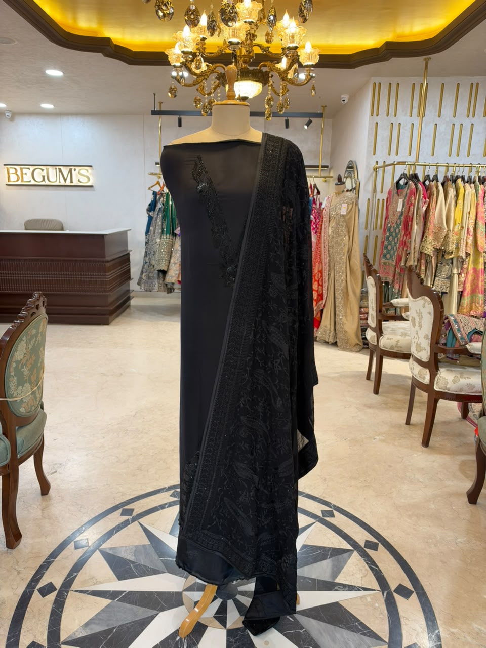 Jet Black Satin Organza Embroidered Kurta Set