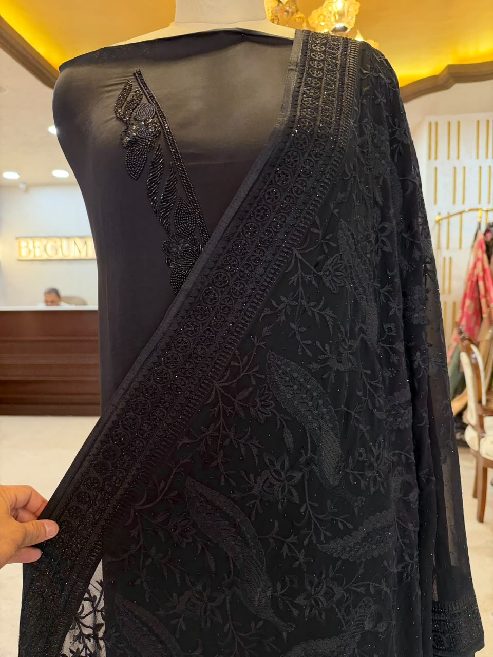 Jet Black Satin Organza Embroidered Kurta Set