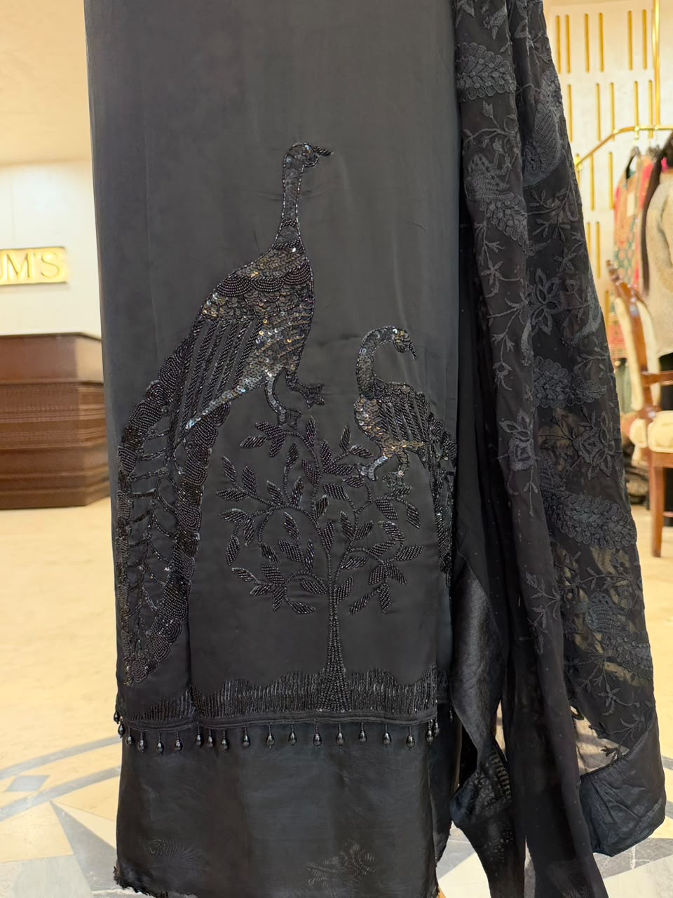 Jet Black Satin Organza Embroidered Kurta Set