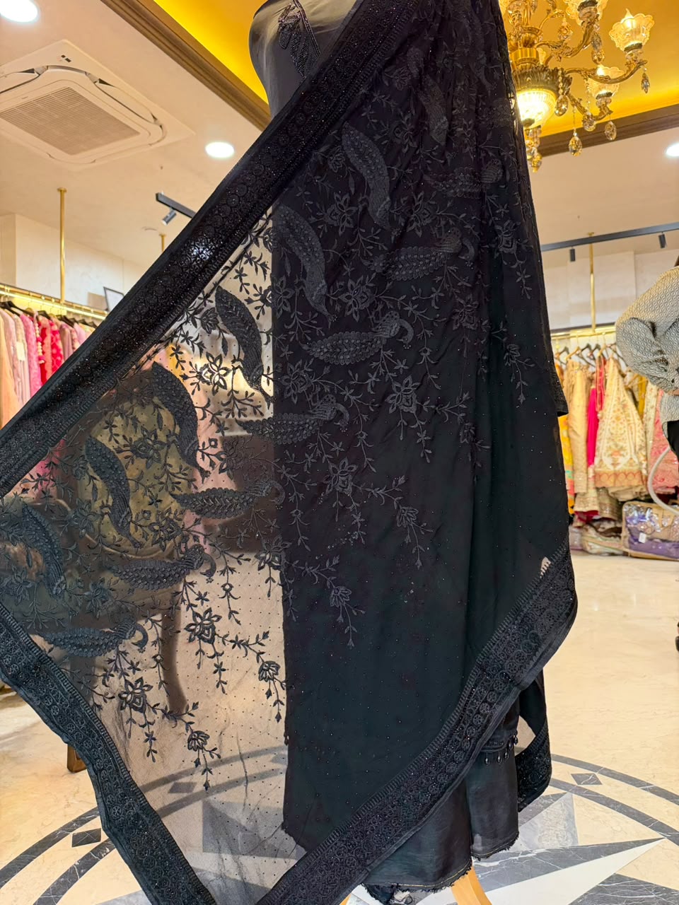 Jet Black Satin Organza Embroidered Kurta Set