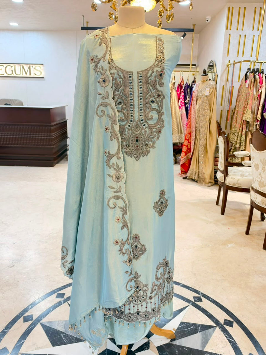 Ice Blue Tissue Silk Embroidered Kurta Set