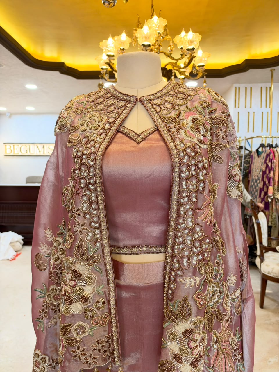Dusty Rose Embroidered Tissue Silk Jacket Set