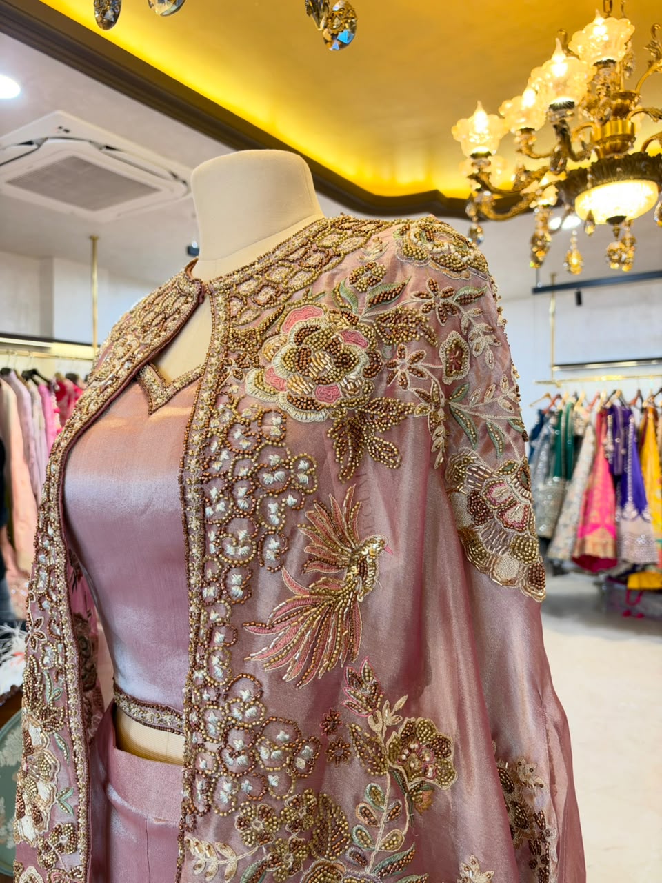 Dusty Rose Embroidered Tissue Silk Jacket Set