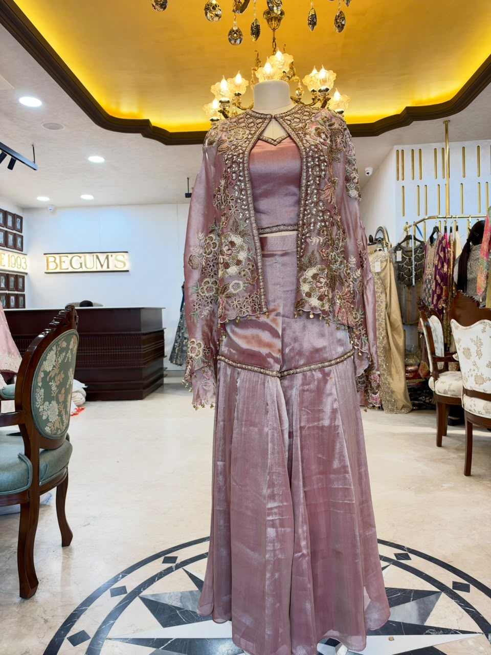 Dusty Rose Embroidered Tissue Silk Jacket Set