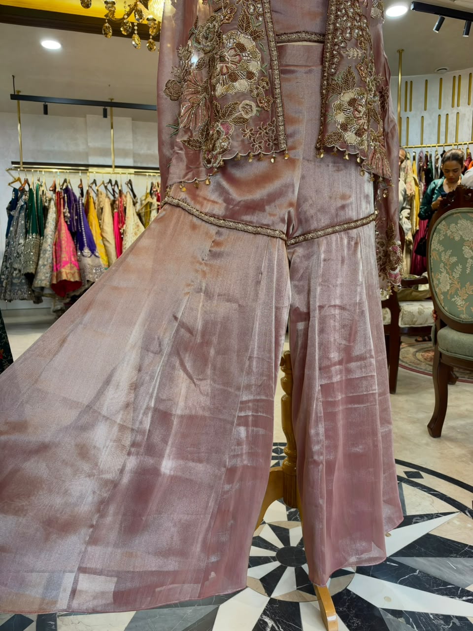 Dusty Rose Embroidered Tissue Silk Jacket Set