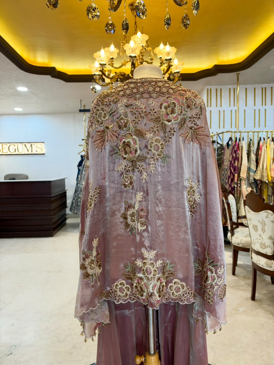 Dusty Rose Embroidered Tissue Silk Jacket Set