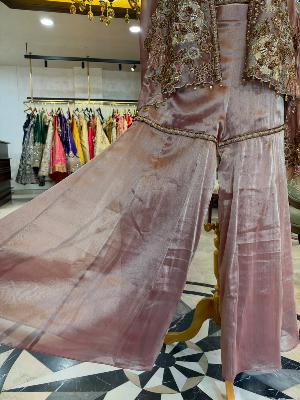 Dusty Rose Embroidered Tissue Silk Jacket Set