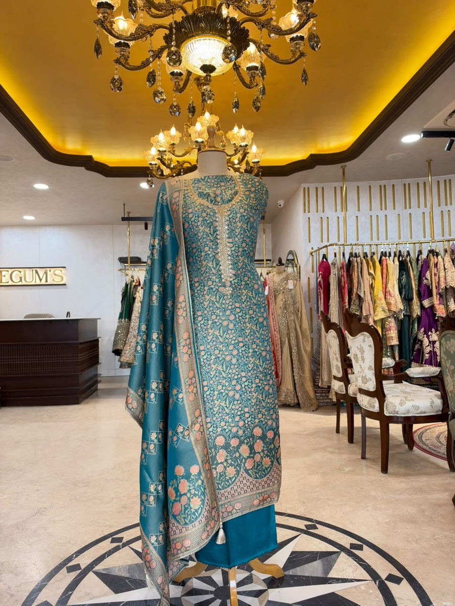 Teal Blue Embroidered Ensemble