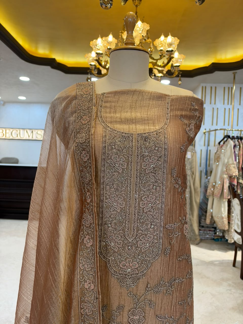 Taupe Brown & Dusty Rose Embroidered Silk Kurta Set with Dupatta