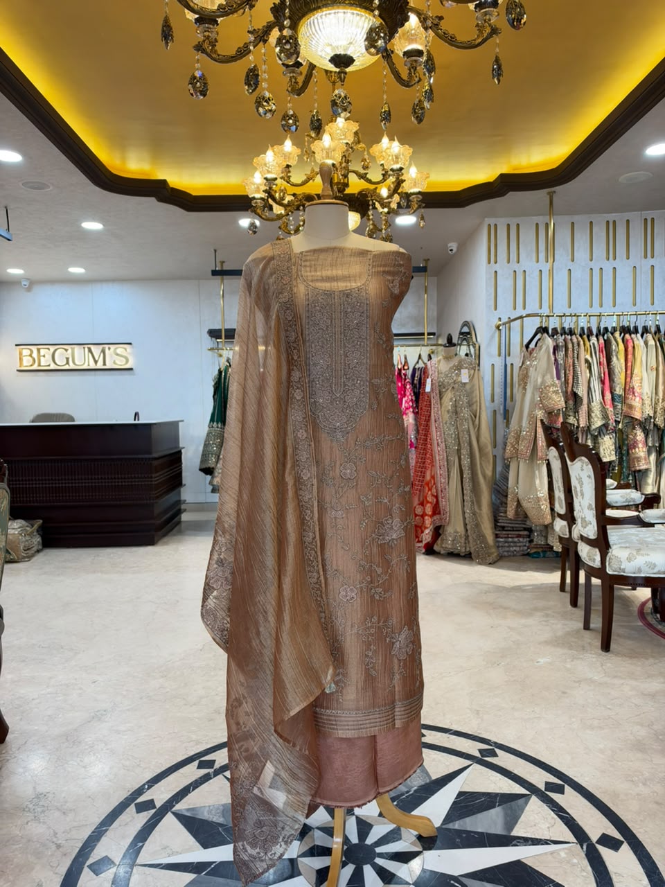 Taupe Brown & Dusty Rose Embroidered Silk Kurta Set with Dupatta