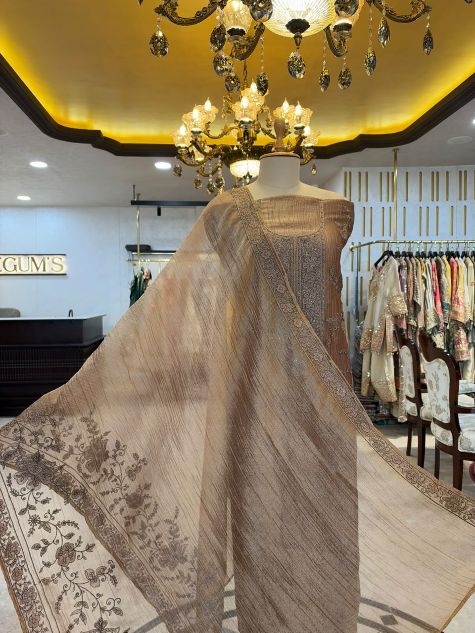 Taupe Brown & Dusty Rose Embroidered Silk Kurta Set with Dupatta