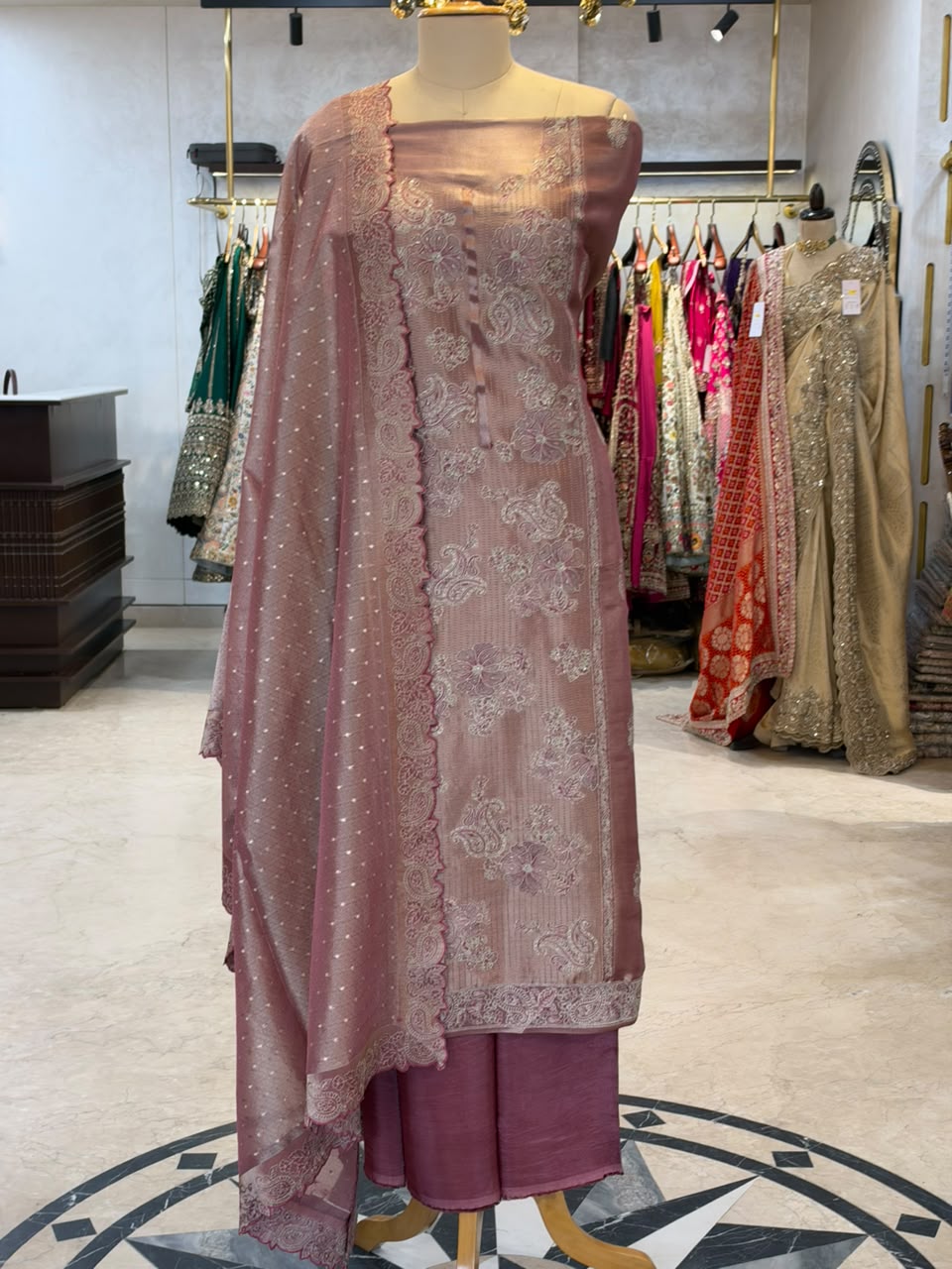Dusty Rose Embroidered Tissue Silk Kurta Set with Scalloped Dupatta