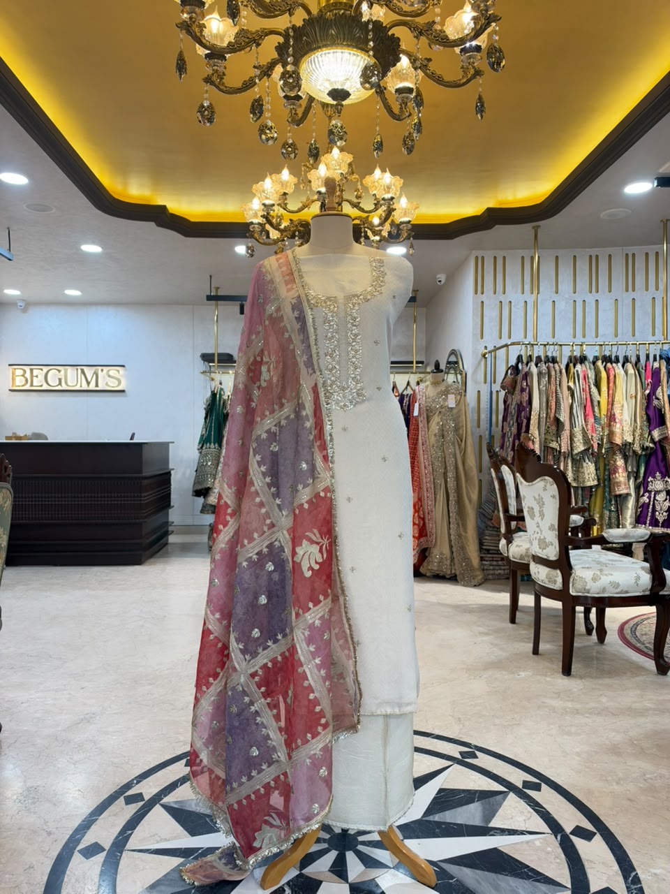 Ivory White & Multicolour Embroidered Tissue Silk Kurta Set with Dupatta