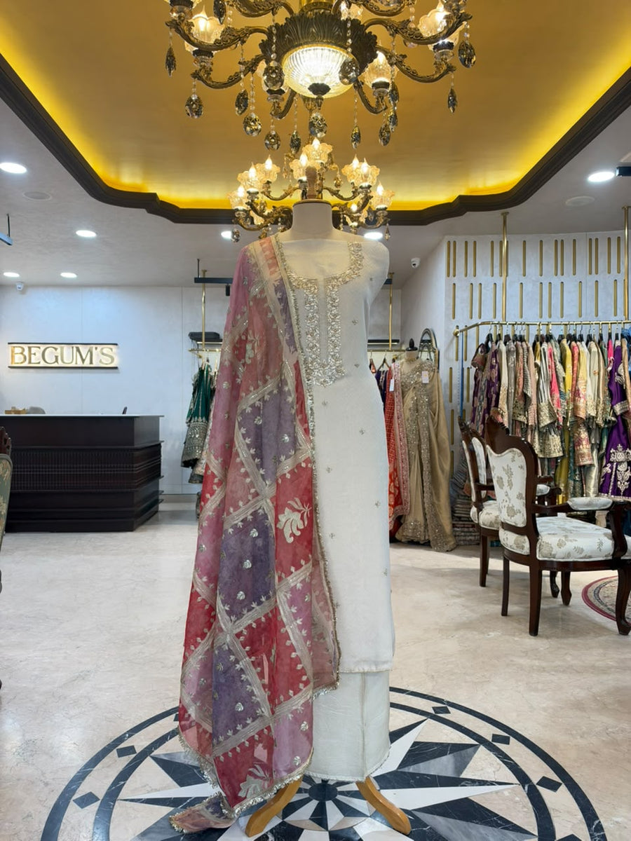 Ivory White & Multicolour Embroidered Tissue Silk Kurta Set with Dupatta