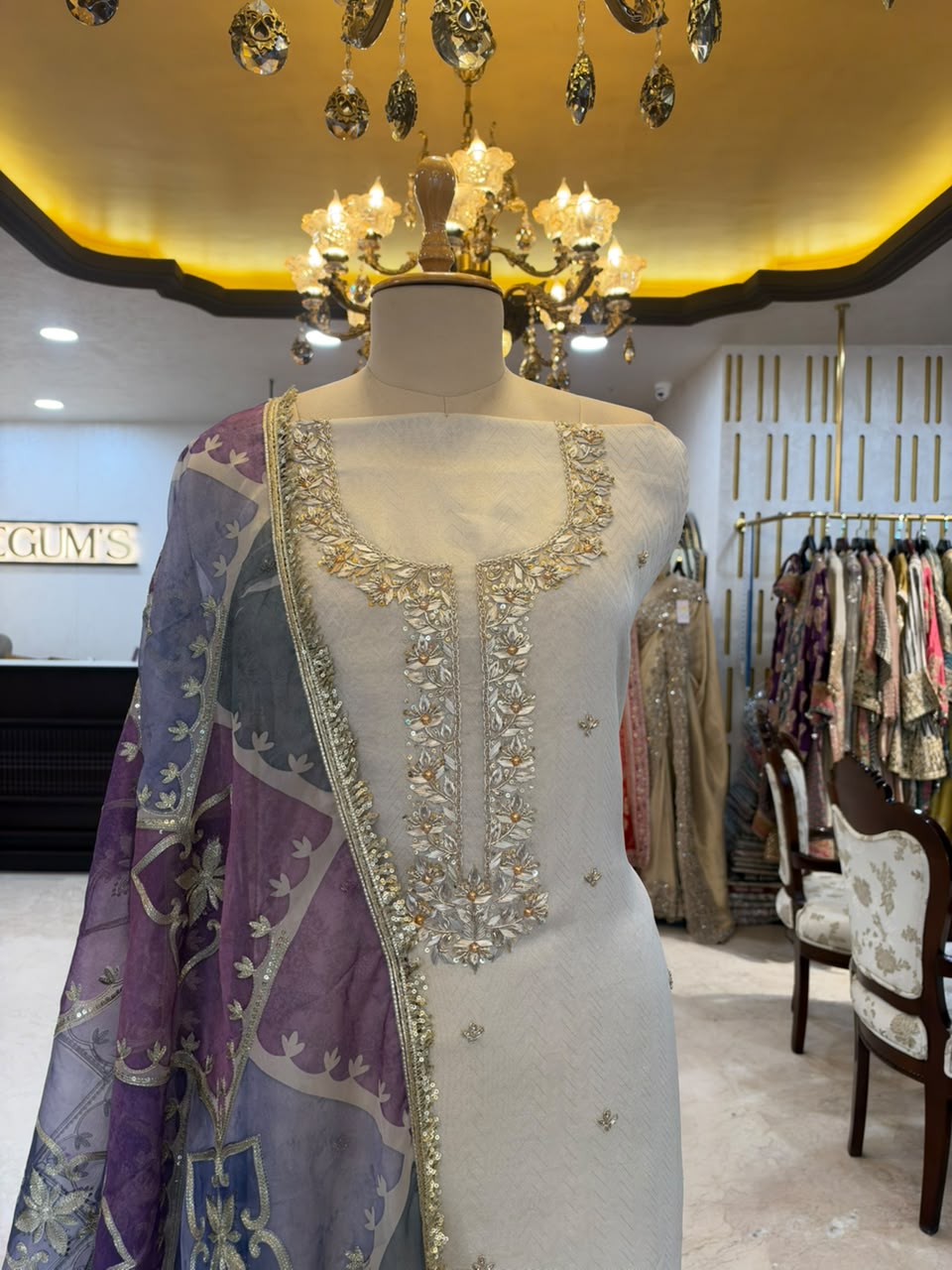 Ivory White & Purple Embroidered Tissue Silk Kurta Set with Lavender Dupatta