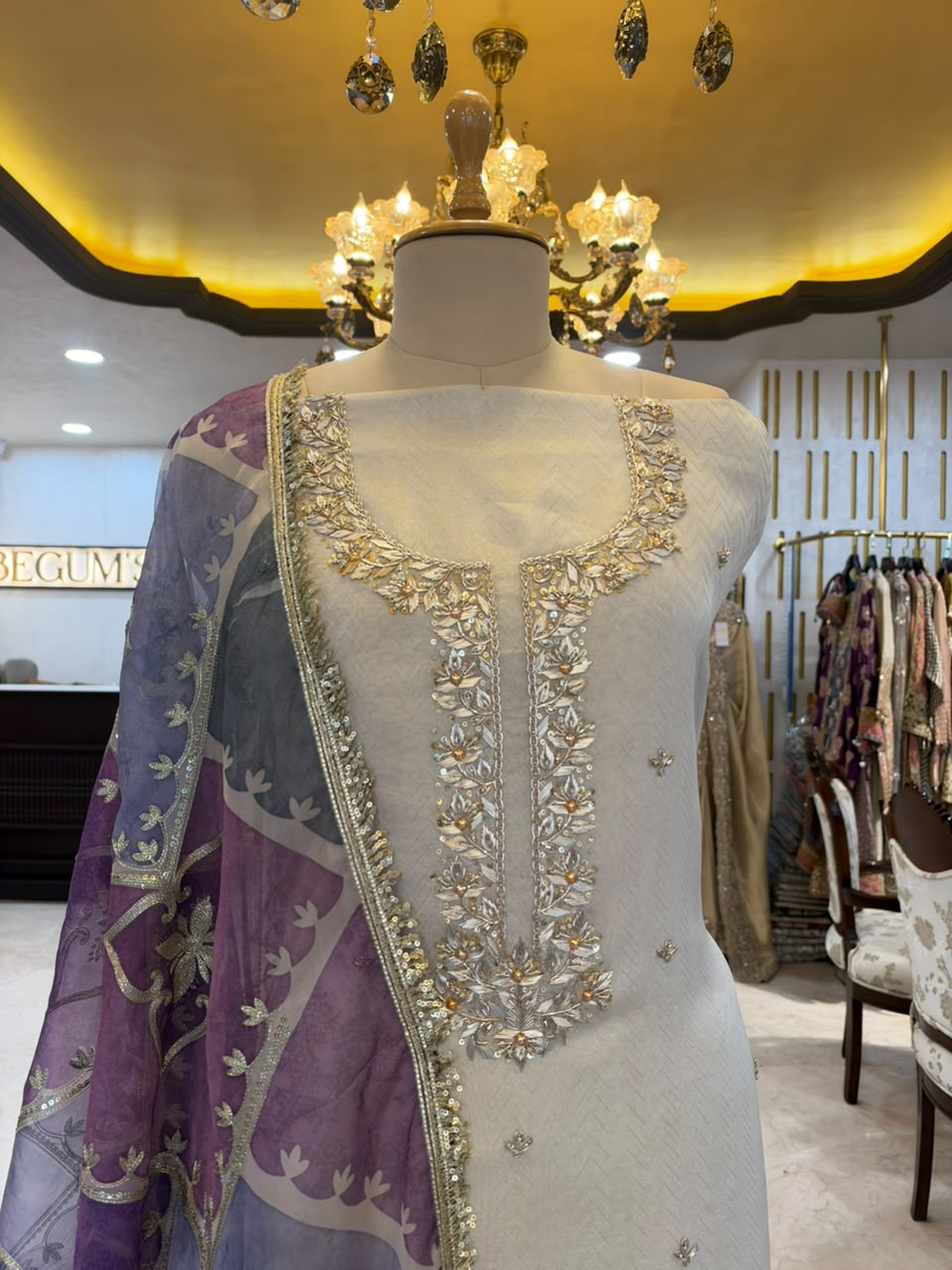 Ivory White & Purple Embroidered Tissue Silk Kurta Set with Lavender Dupatta