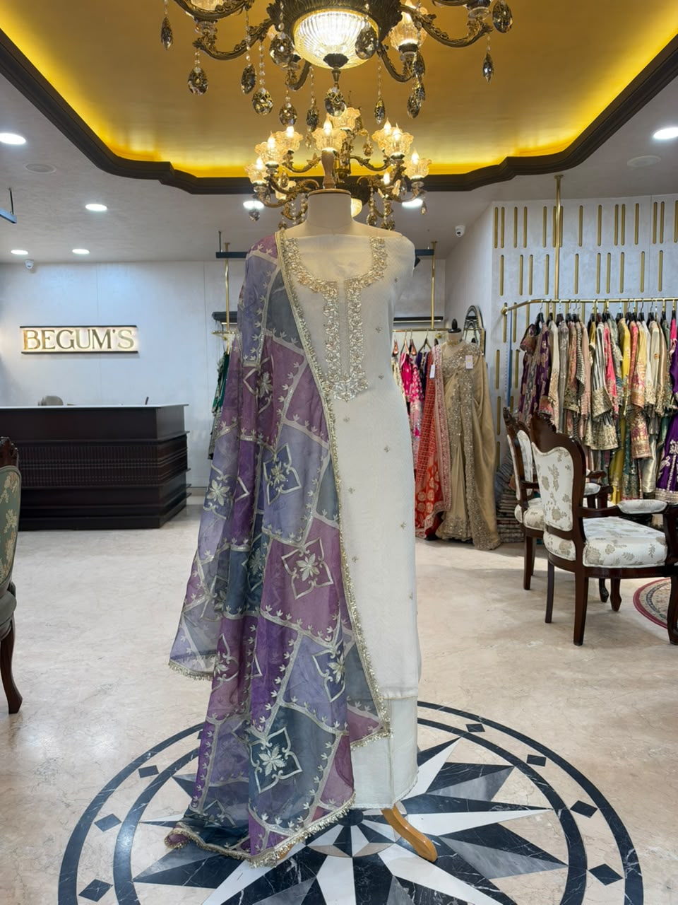Ivory White & Purple Embroidered Tissue Silk Kurta Set with Lavender Dupatta