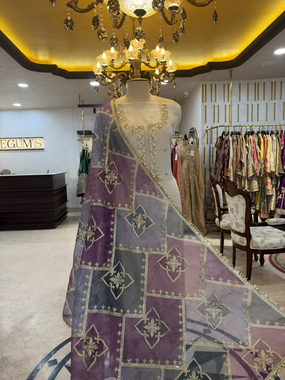 Ivory White & Purple Embroidered Tissue Silk Kurta Set with Lavender Dupatta