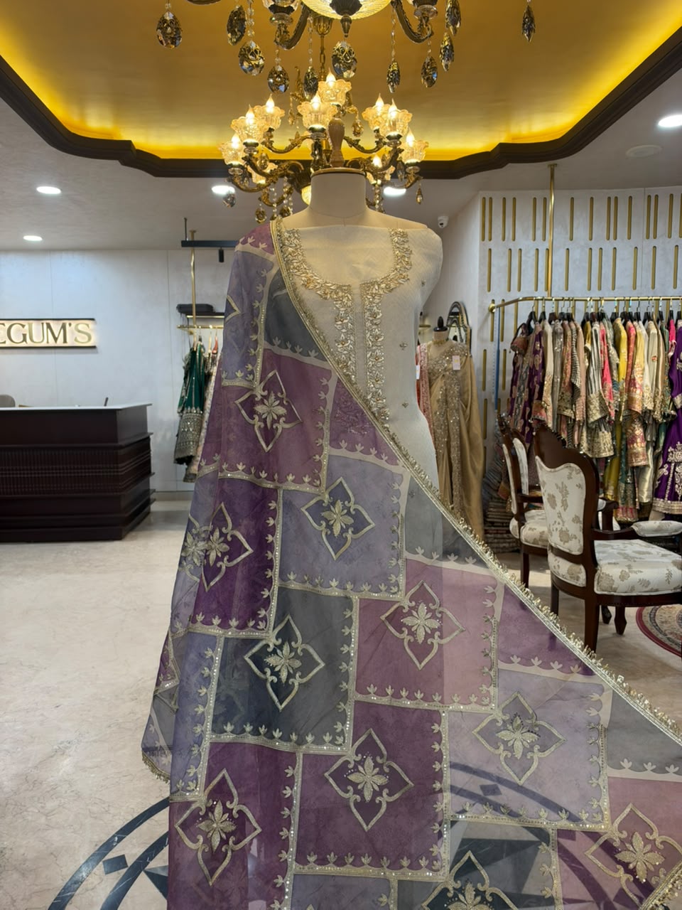 Ivory White & Purple Embroidered Tissue Silk Kurta Set with Lavender Dupatta