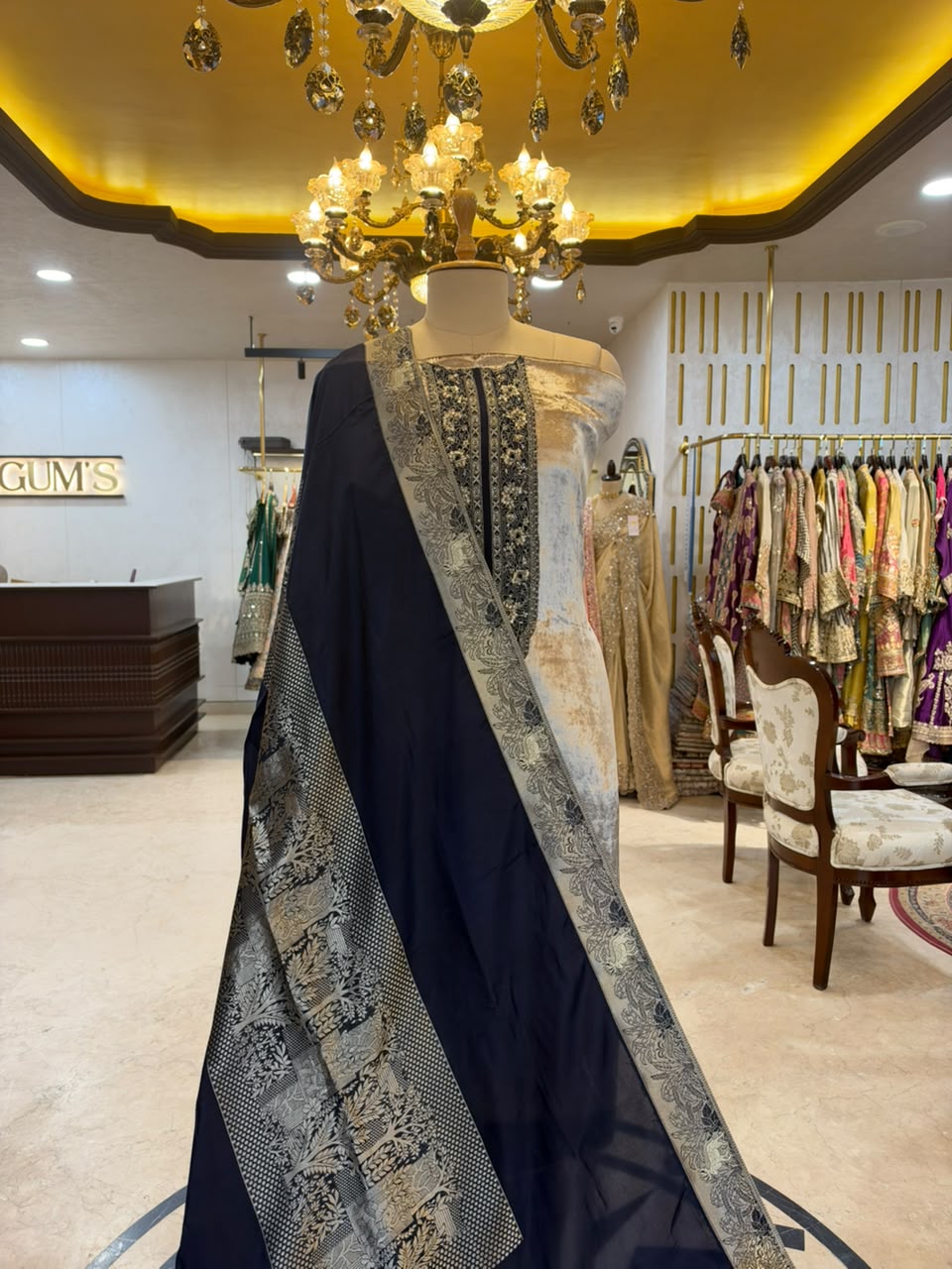 Silver Grey & Navy Blue Embroidered Velvet Silk Blend Kurta Set with Dupatta