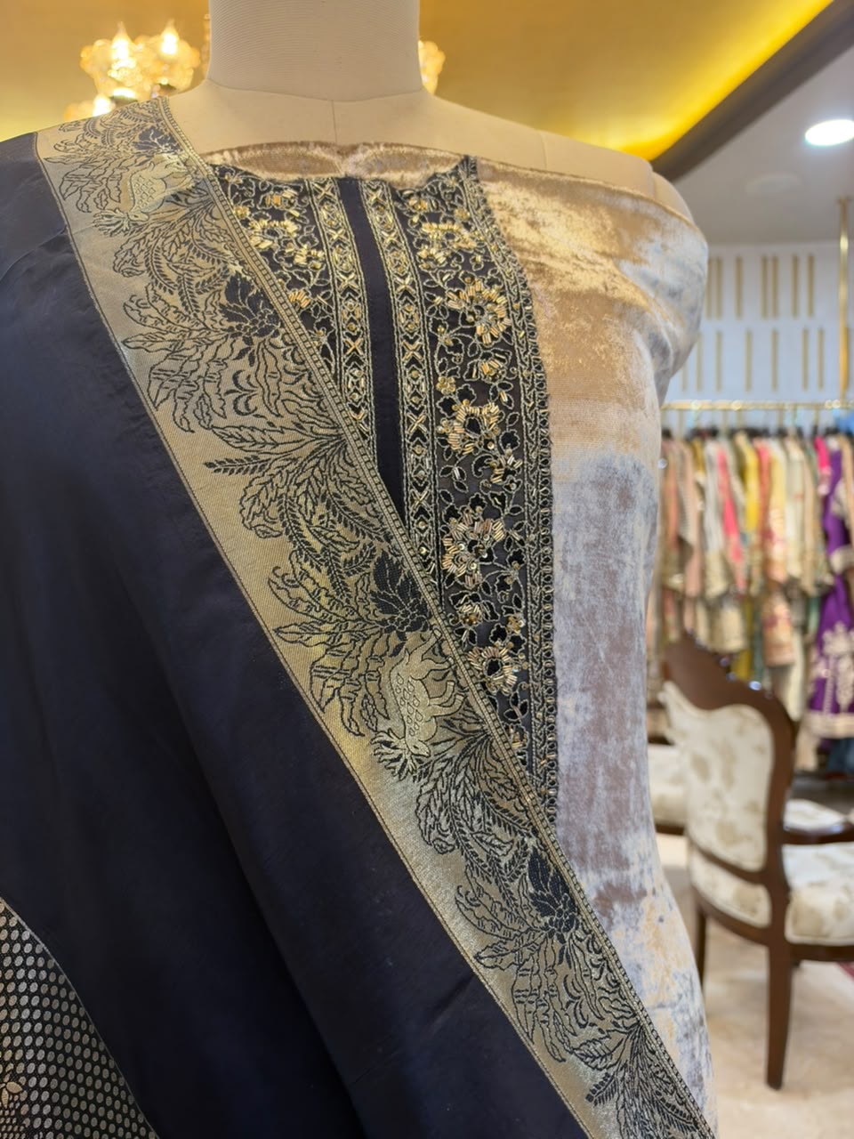 Silver Grey & Navy Blue Embroidered Velvet Silk Blend Kurta Set with Dupatta