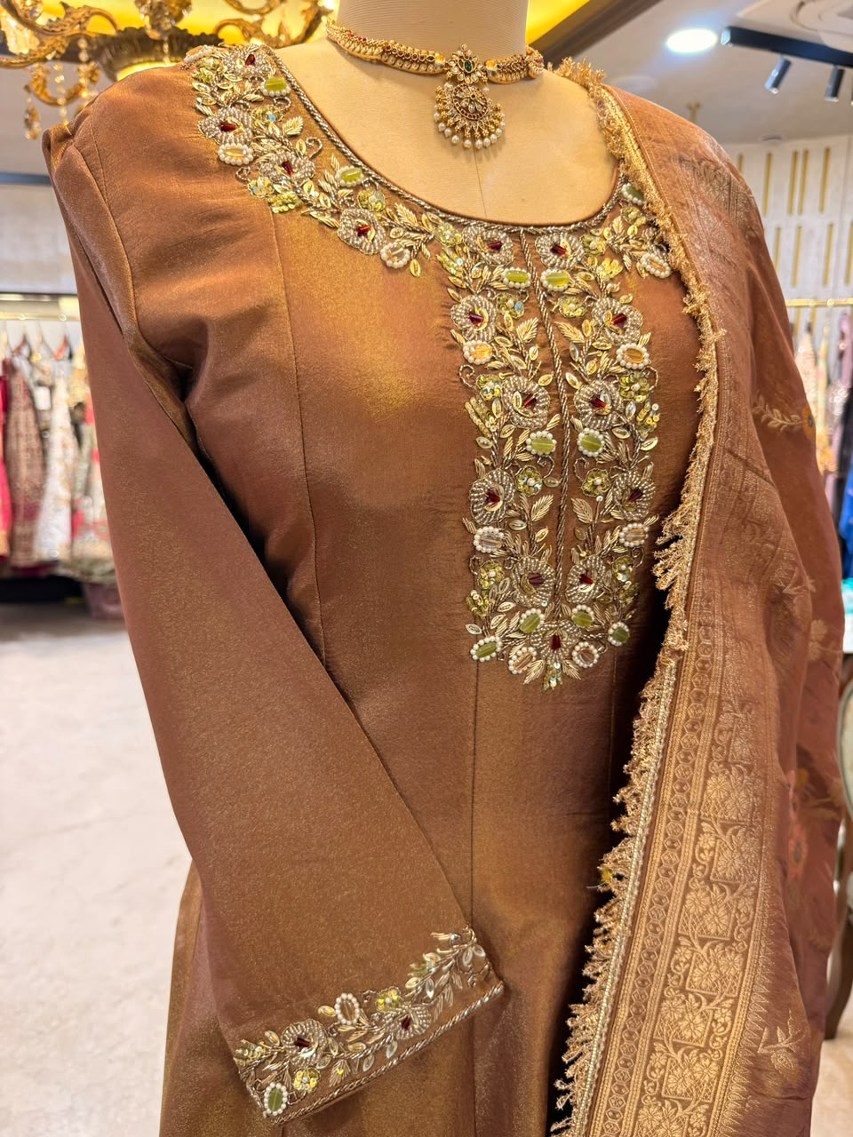 Mocha Brown Floral-Embellished Silk Suit Set
