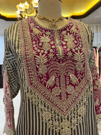 Fuchsia and Black Striped Gold-Embroidered Fusion Suit
