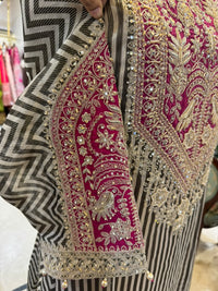 Fuchsia and Black Striped Gold-Embroidered Fusion Suit