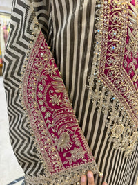 Fuchsia and Black Striped Gold-Embroidered Fusion Suit