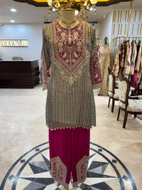 Fuchsia and Black Striped Gold-Embroidered Fusion Suit