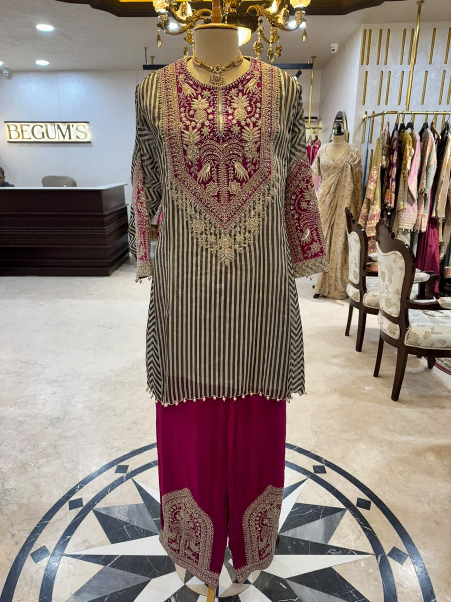 Fuchsia and Black Striped Gold-Embroidered Fusion Suit