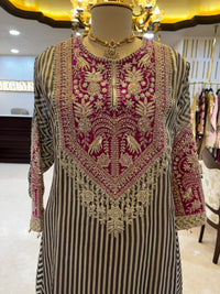 Fuchsia and Black Striped Gold-Embroidered Fusion Suit