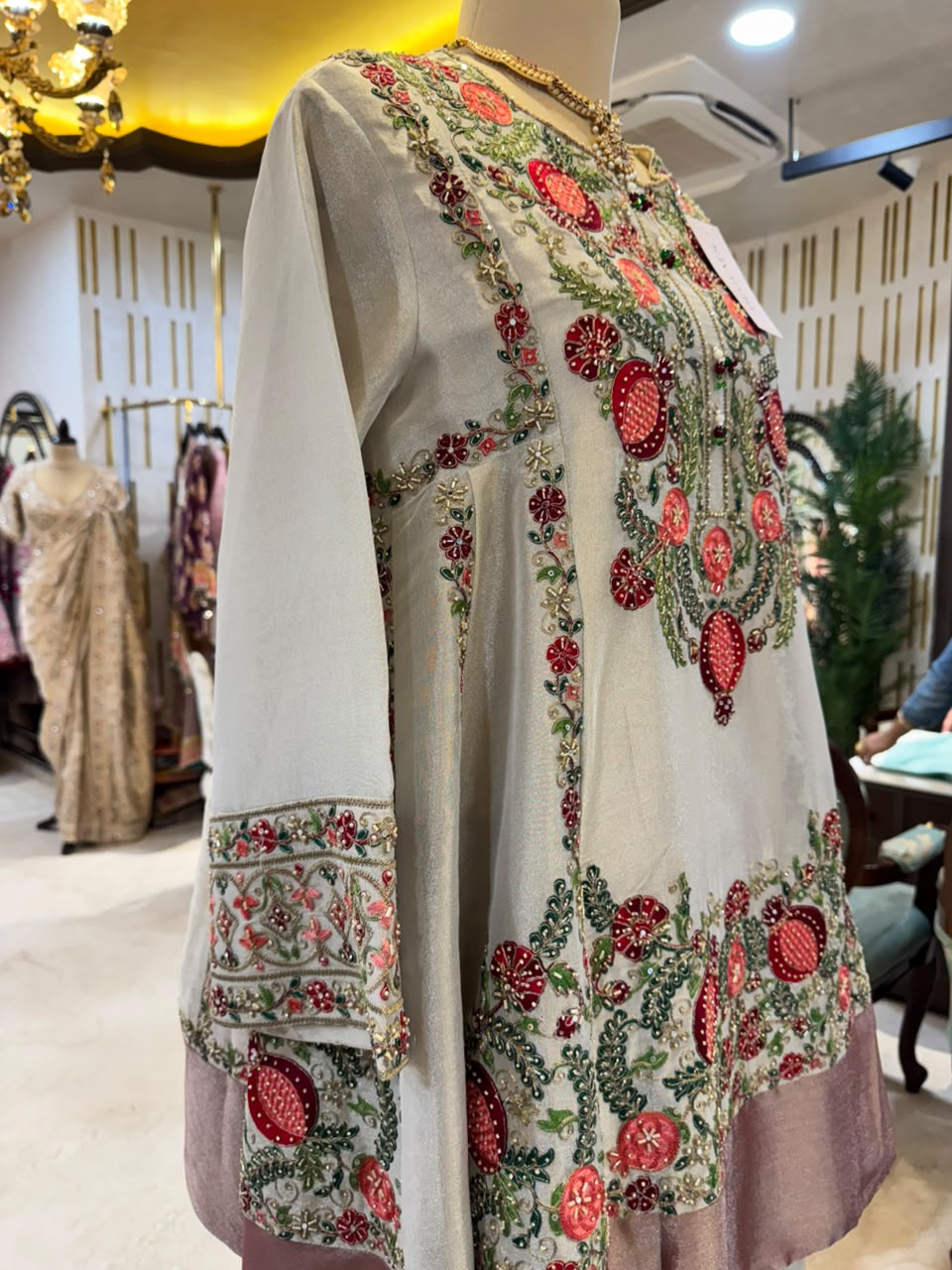 Regal Ivory & Red Embroidered Choga & Farshi Set