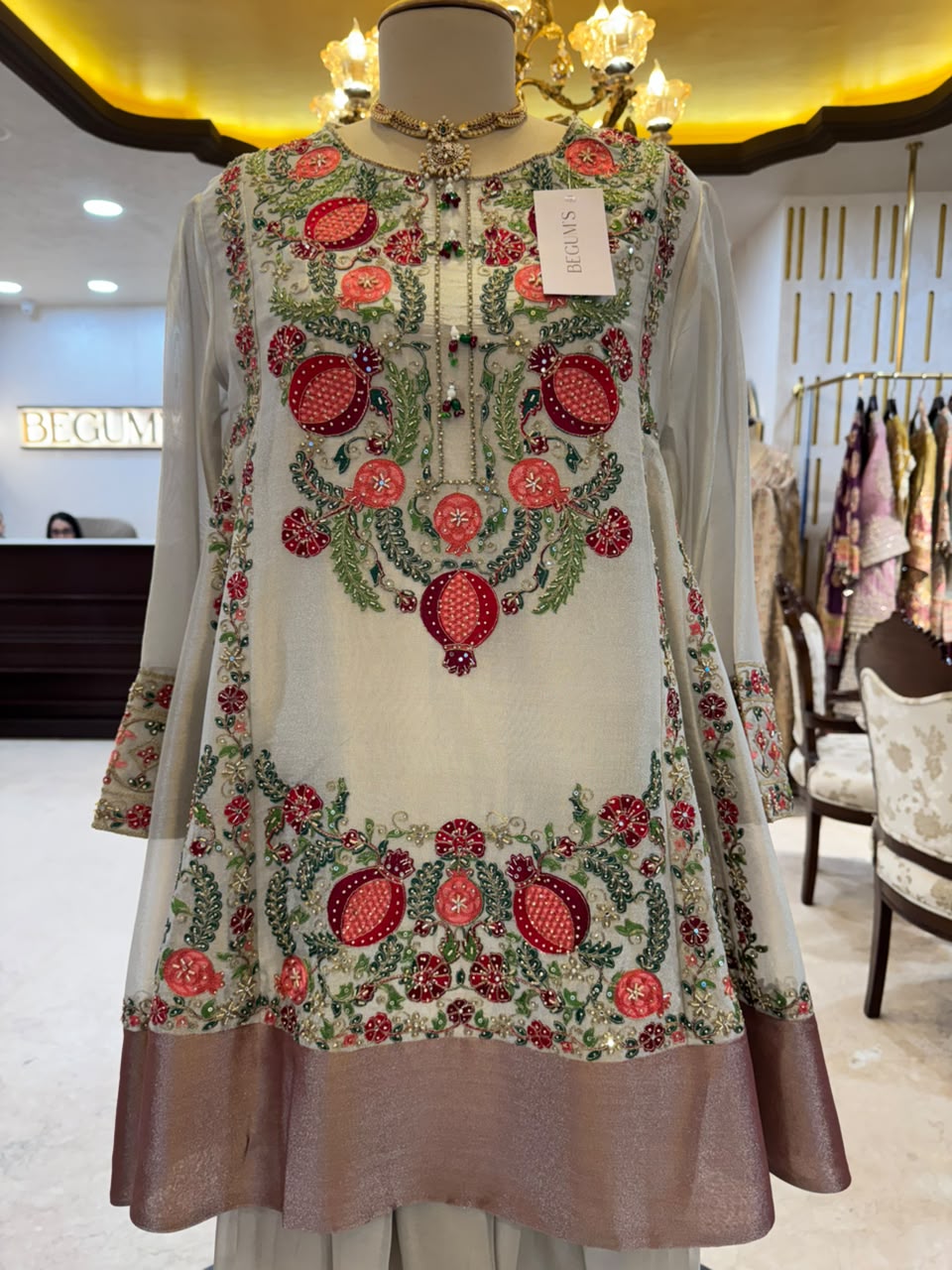 Regal Ivory & Red Embroidered Choga & Farshi Set