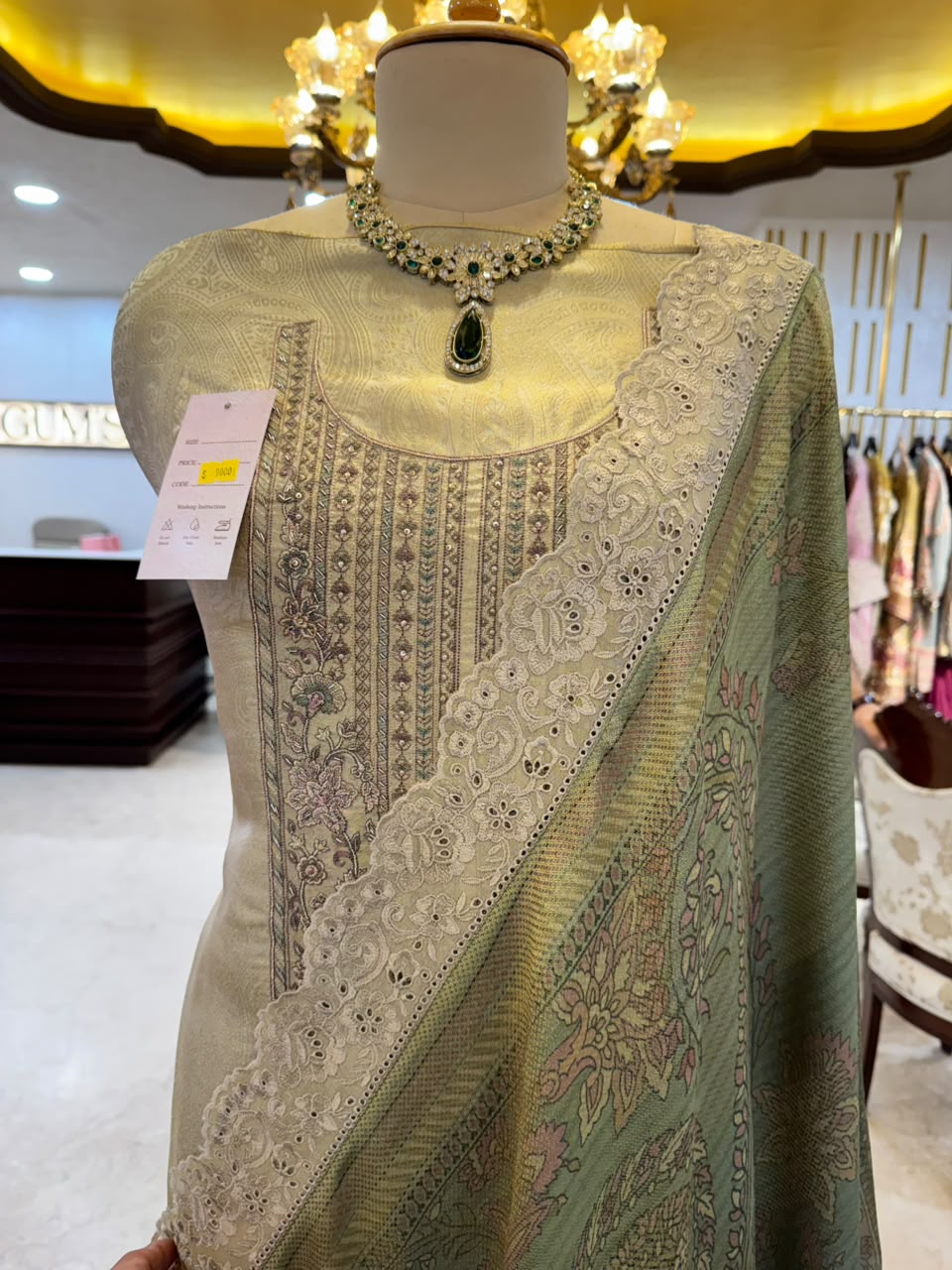 Sage Gold Embroidered Threadwork Anarkali Suit