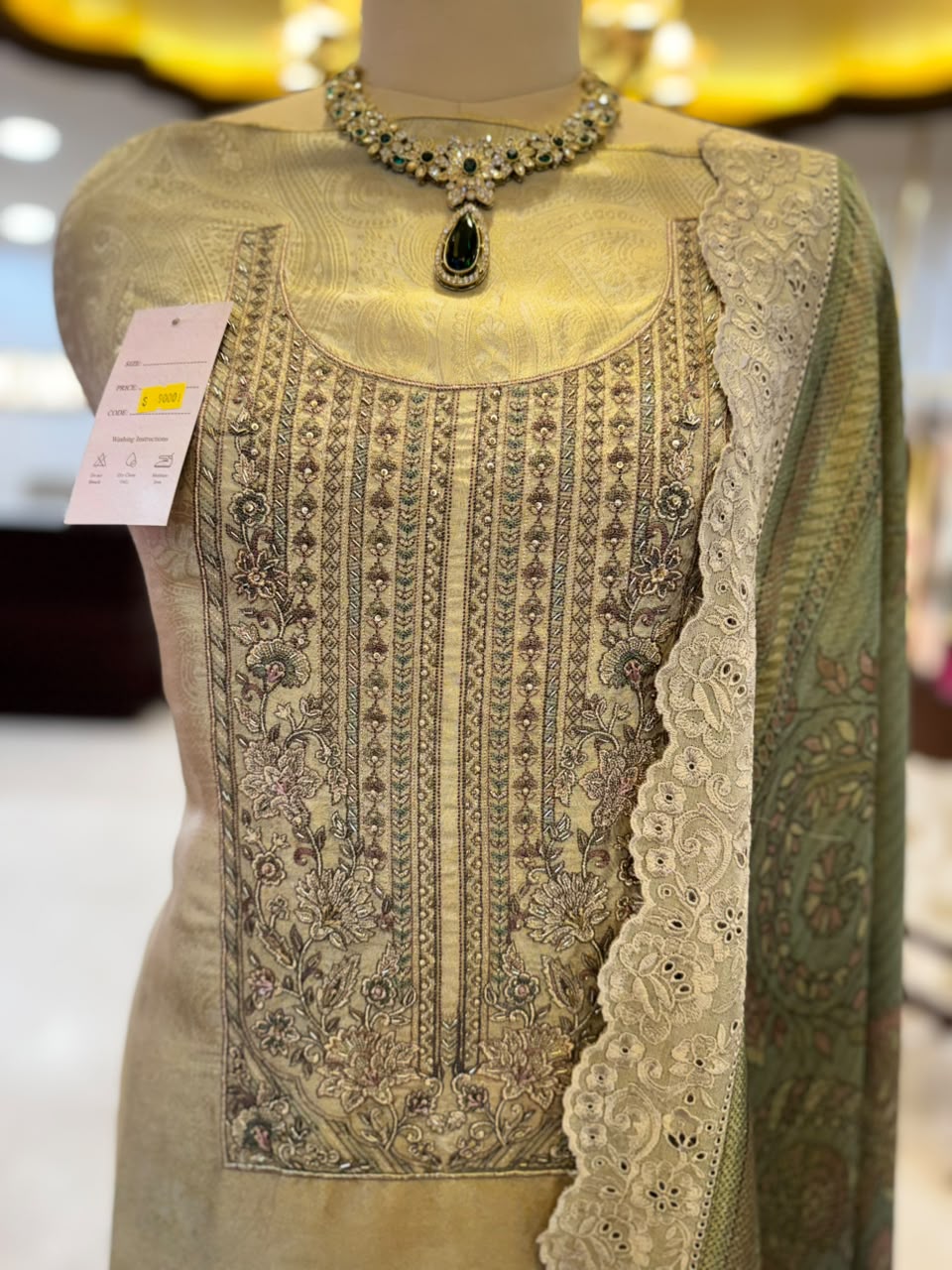 Sage Gold Embroidered Threadwork Anarkali Suit