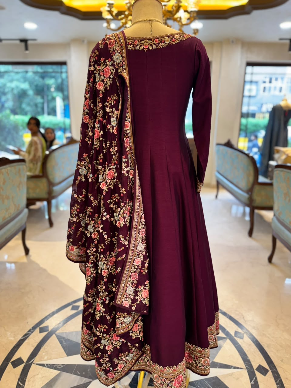 Deep Wine Parsi Work Embroidered Anarkali Suit
